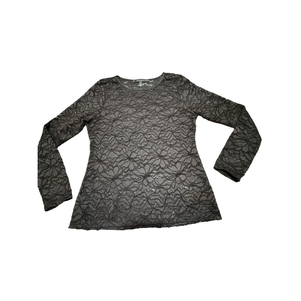 White House Black Market Lace Top Women M Black Long Sleeve Sheer Floral Indie